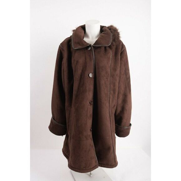 Excelled Collection Womans Brown Faux Suede Coat Size 2XL Faux Fur Trim Hood NWT - Picture 1 of 6